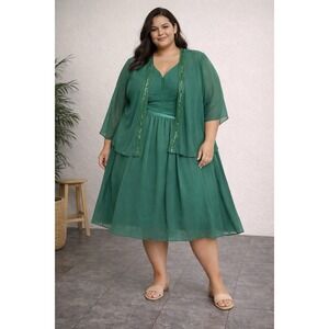 JJ's House Chiffon Bridesmaid Dress Women 2X Dark Green Ruffle Beaded Jacket GUC